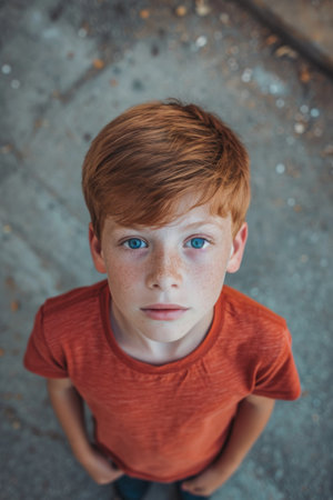 Young Boy Gazing Directly at Camera With Curiosity and Innocenceの素材