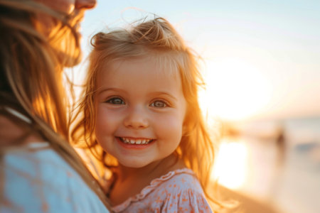 Little Girl Smiles While Standing Next to Womanの素材