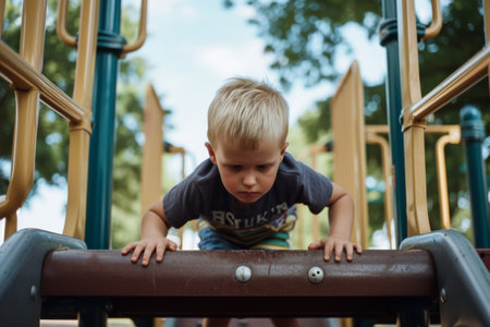 Young Boy Climbing on Playground Slideの素材
