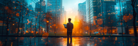 A Man Standing in the Middle of a City at Nightの素材