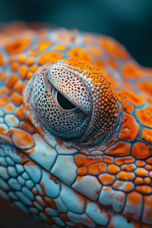 Close-up View of Orange and Blue Lizards Eyeの素材