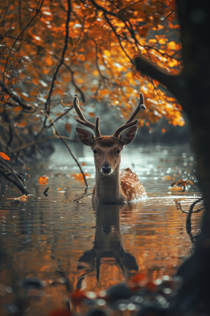 Deer Standing in Middle of Water, Majestic Wildlife Captured in a Serene Momentの素材