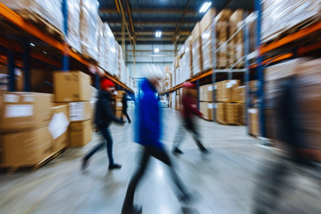 Blurry Photo of People in Warehouse During Busy Workdayの素材
