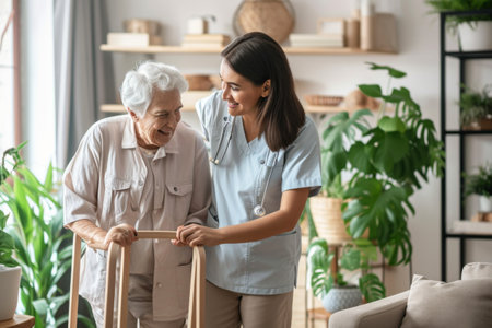 Woman Assisting Elderly Woman With Walker During Outdoor Stroll in the Parkの素材
