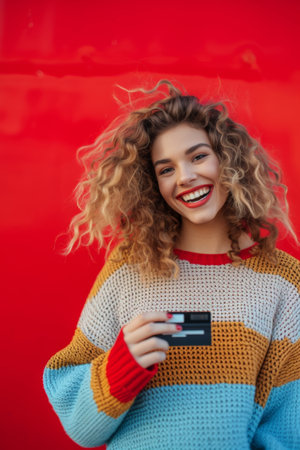 Woman Smiling and Holding Cell Phone With Curly Hairの素材