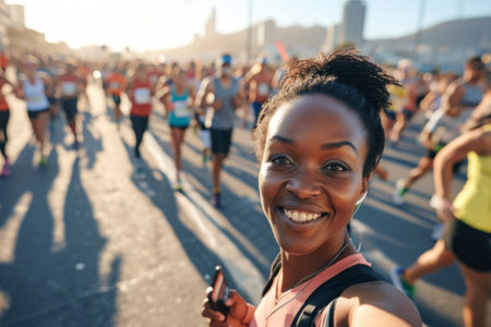 Woman Smiles as She Runs in a Marathonの素材