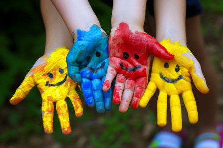 Childrens Hands Painted in a Variety of Colorsの素材