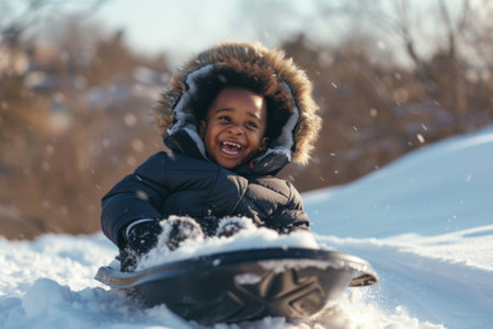 Young Boy Sledding Down Hillの素材