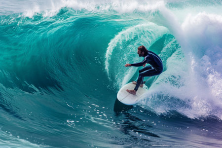 Man Riding Wave on Surfboard, Capturing the Thrilling Moments of Surfingの素材