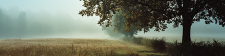 Foggy Field With Trees and Grass in the Foregroundの素材