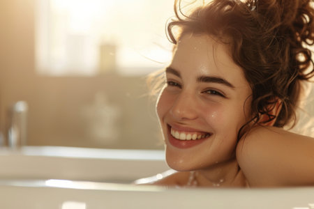 Woman Smiling While Sitting in a Bathtubの素材
