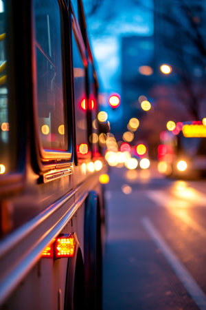 Bus Driving Down City Street at Night, Illuminated Urban Sceneの素材