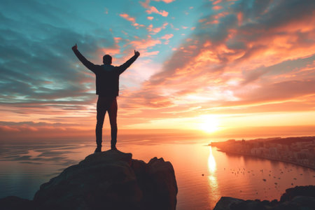 Man Celebrating on Cliff With Raised Arms, Enjoying the Breathtaking Viewの素材
