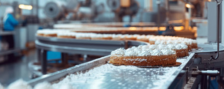 Conveyor Belt Filled With Powdered Sugar Donuts, Delicious and Tempting!の素材