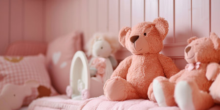 A Group of Teddy Bears Sitting on a Bedの素材