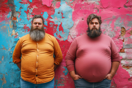 Fat man with long beard and mustache and fat woman with big belly standing on grunge wall backgroundの素材