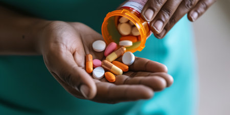 Close up of female hands holding a bottle of pills. Focus on foregroundの素材