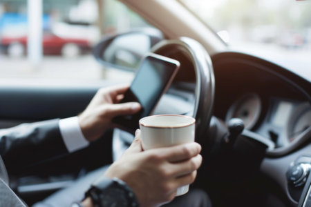 Businessman using smart phone and holding coffee cup while sitting in carの素材