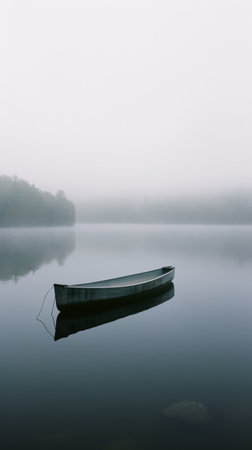 Foggy morning on the lake with a boat on the shoreの素材