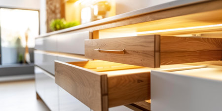Closeup of wooden chest of drawers in modern kitchen interior.の素材