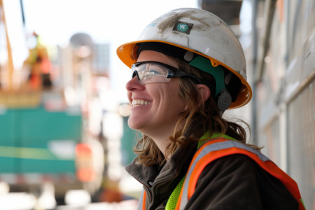 Portrait of a female worker wearing safety glasses and a hard hatの素材