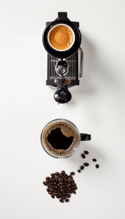 Coffee grinder with cup of coffee and beans on white backgroundの素材