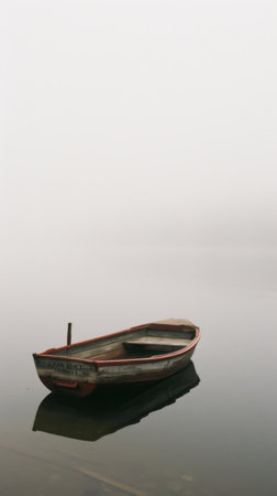 Foggy morning on the lake with wooden boat in the foregroundの素材