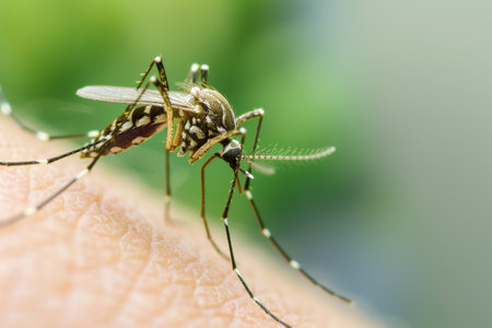 mosquito sucking blood on human skin, closeup of photoの素材
