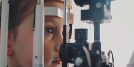 Close up of ophthalmologist examining eyes of little girl with slit lampの素材