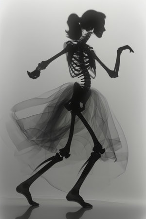 A silhouette of a woman in a skeleton costume with a black veil.の素材