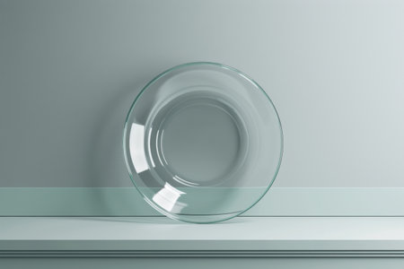 Empty glass plate on the table. 3D rendering. Mock up.の素材