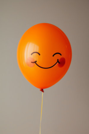 Orange balloon with smiley face, isolated on gray background, closeupの素材