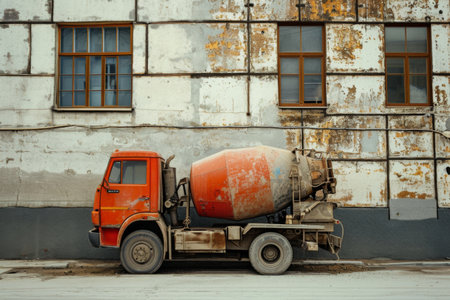 Cement Truck Parked in Front of Buildingの素材