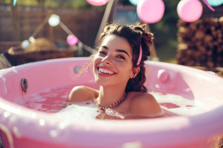 Woman Smiles in Inflatable Pool, Enjoying a Refreshing Moment of Relaxationの素材