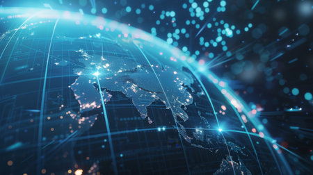 Blue and black globe with lightsの素材