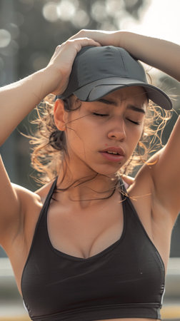 Woman in black sports bra and baseball capの素材