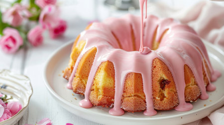 Pink iced bundt cake on white plateの素材