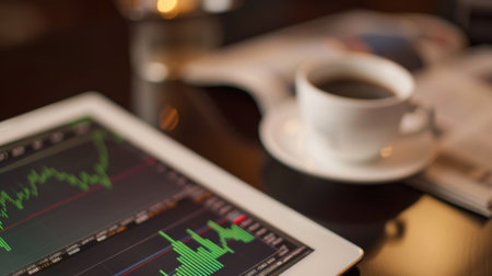 Tablet computer and coffee cup on tableの素材