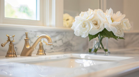 Elegant bathroom sink with gold faucet and flowersの素材