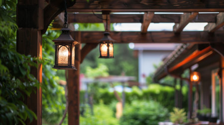 Wooden pergola with hanging lanternsの素材
