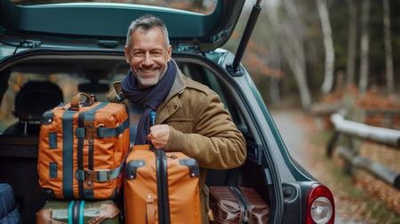 Man loading two suitcases in trunk of carの素材