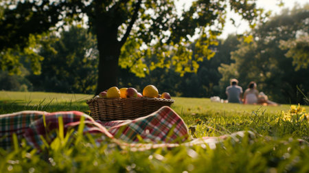 Basket of fruits on grass fieldの素材