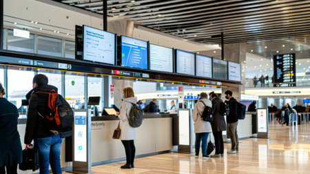 Group of people waiting in line at airportの素材