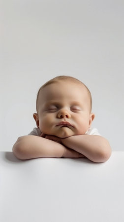 Newborn baby laying on white surfaceの素材