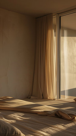 Modern bedroom with bed and sliding glass doorの素材