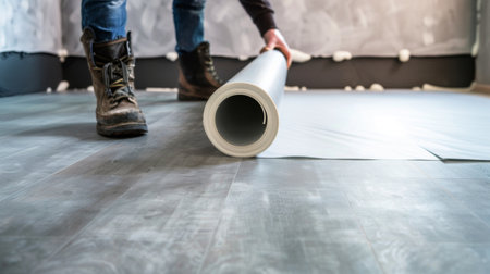 Person standing on floor with roll of paperの素材