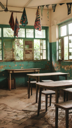 School classroom with tables and benchesの素材