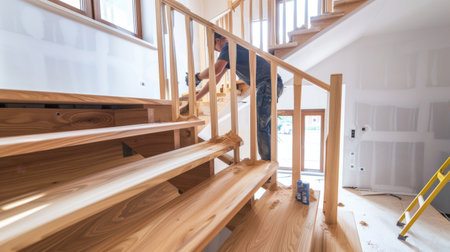 Skilled carpenter renovating staircase in houseの素材