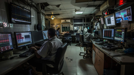 Man working at desk with multiple computer monitorsの素材