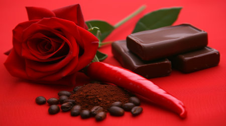 Rose, chocolate, chocolate bar on red backgroundの素材